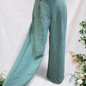 Minimalist Capsule Wardrobe Office Work Career Teal Wide Leg Trouser Pants